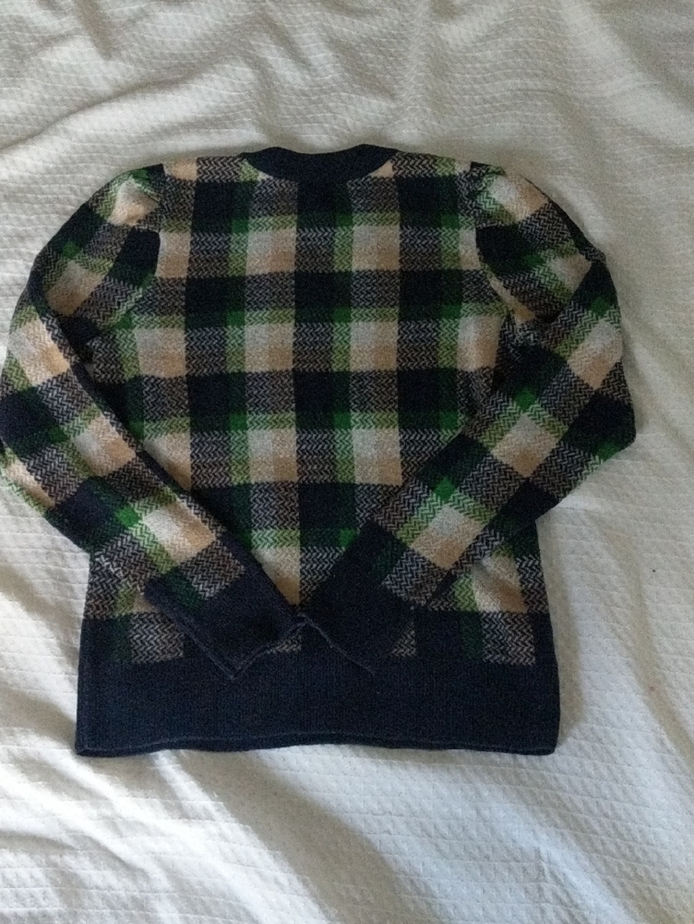 Ann Taylor Plaid Puff Sleeve Sweater Green Navy Knit XS Measurements - Picture 5 of 11